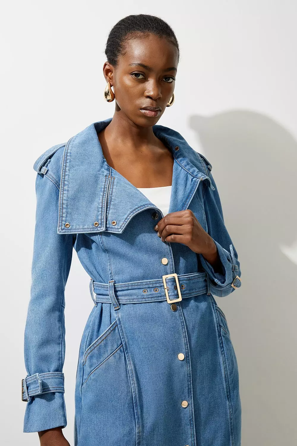 Denim Funnel Neck Belted Maxi Coat Karen Millen